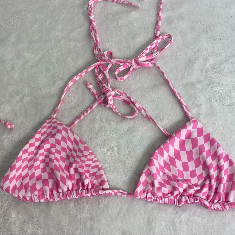 Frankie's Bikinis Pink Checkered Swimsuit Set Morrison Pattern Side-tie Bottoms